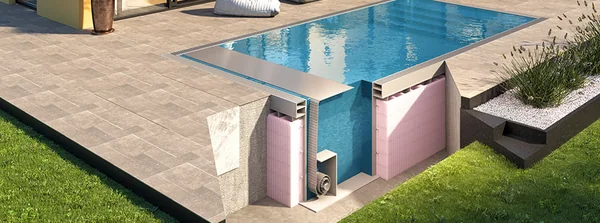 Schnittdarstellung eines isolierten PP-Schwimmbeckens mit Technik