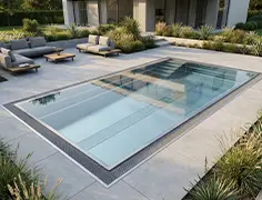 Edelstahlpool als Überlaufbecken mit umlaufender Rinne, breiter Treppe und Terrasse