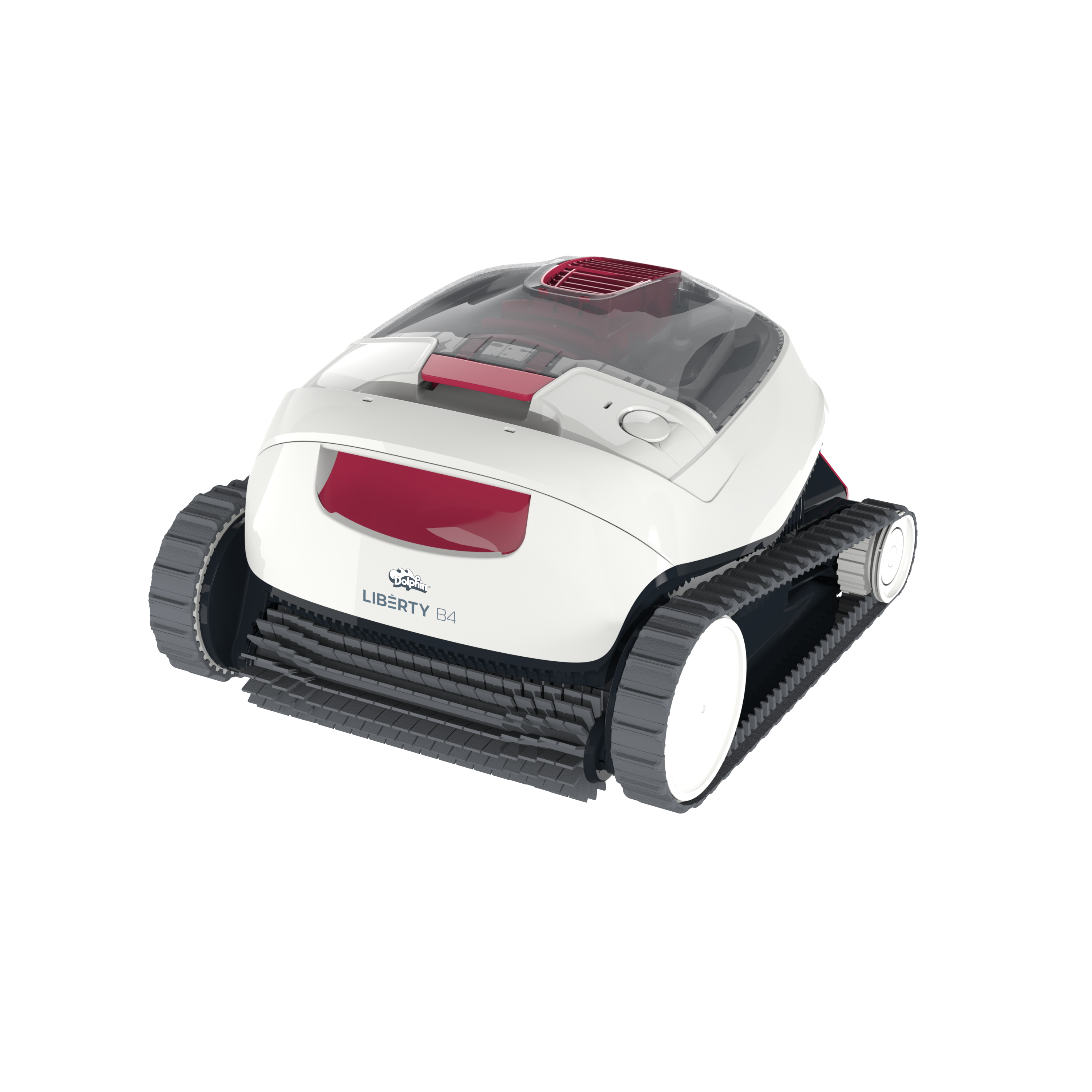 Dolphin Liberty B4 Poolroboter, Ansicht von oben mit weißem Gehäuse und roten Akzenten