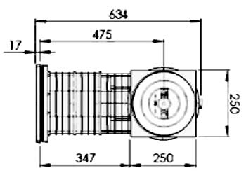 Technische Zeichnung des Astralpool Skimmers Typ 17.5 von oben mit Bemaßung in mm, Gesamtbreite 634 mm.