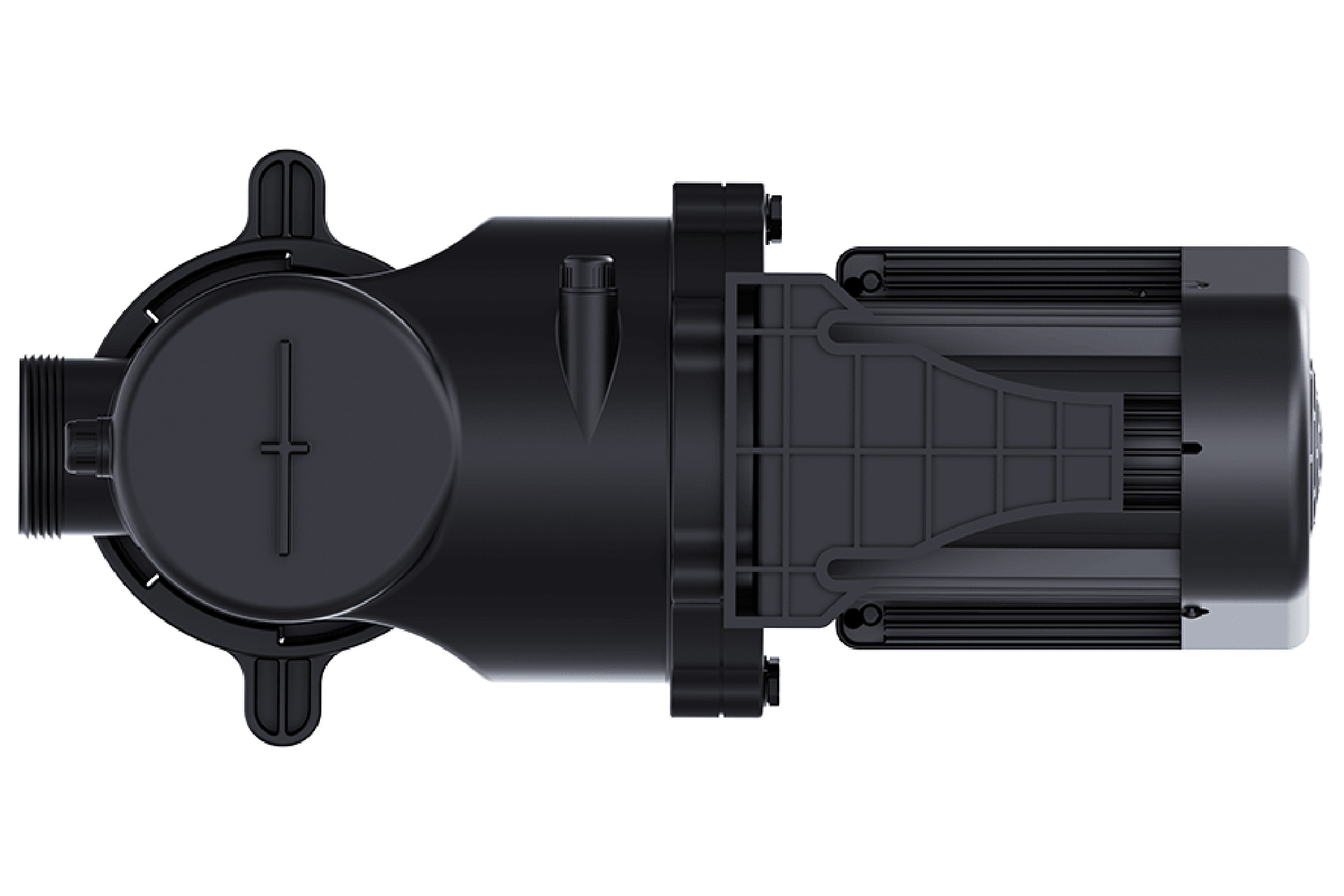 Draufsicht auf die schwarze Inverquark InverEco Filterpumpe mit Vorfilter und Motorblock