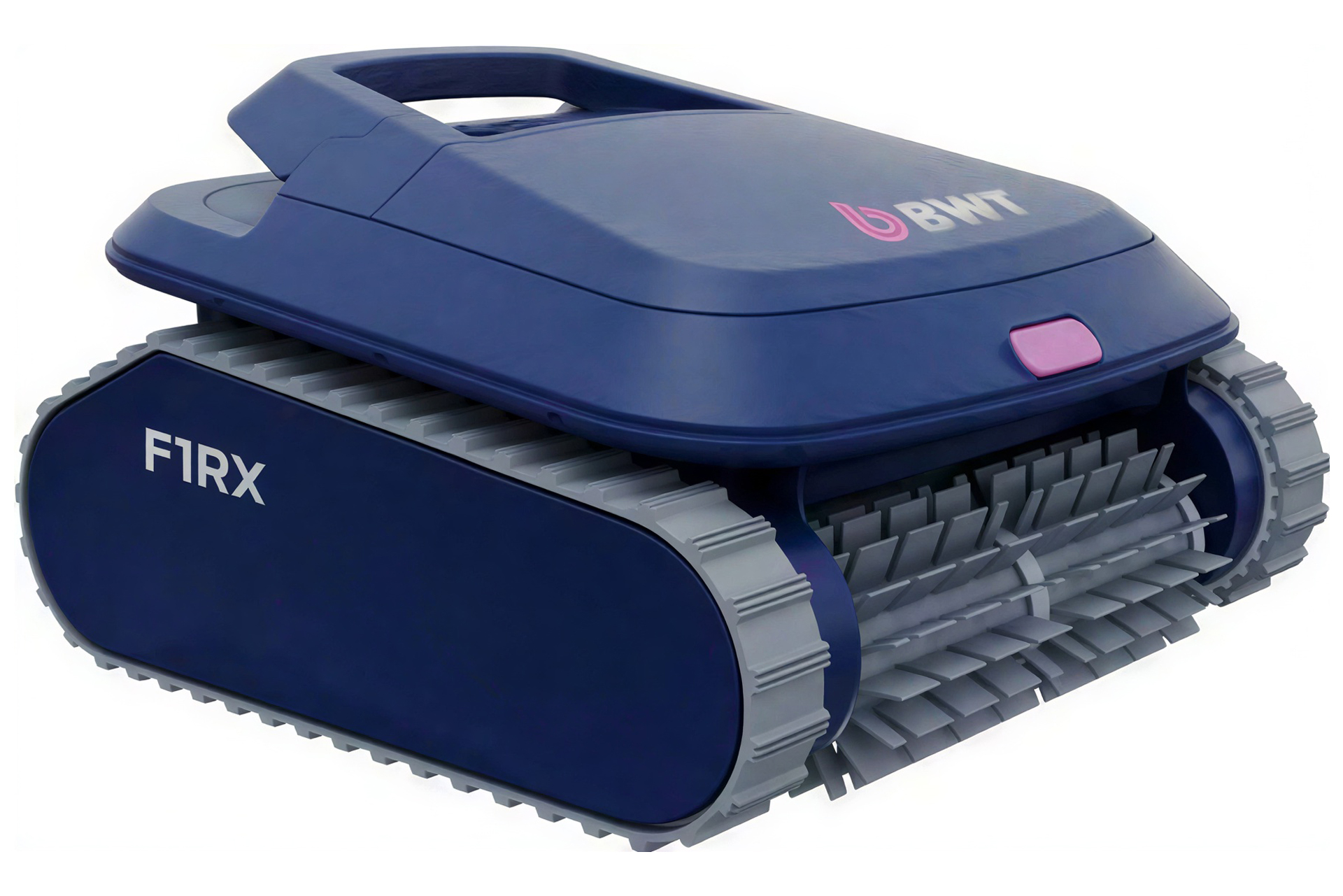 BWT F1RX Premium Poolroboter in Dunkelblau mit grauen Raupenbändern und Bürsten, von vorne schräg oben
