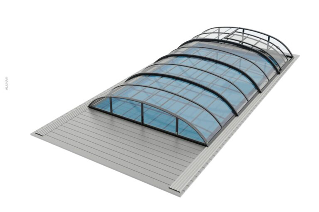 Detailansicht der Aluna® Atlanta Poolüberdachung mit Schienen und transparenten Segmenten