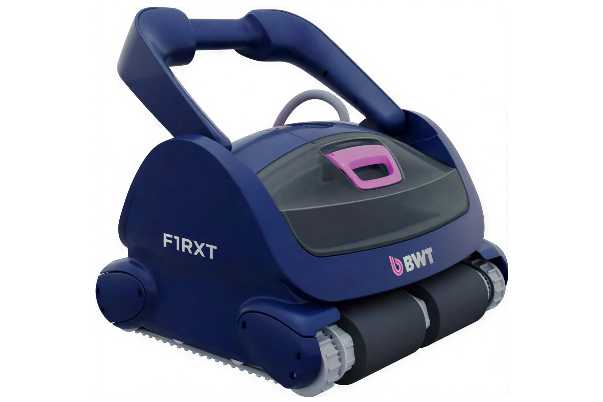 BWT F1RXT Top-Poolroboter in Dunkelblau mit pinkem Griff und transparentem Filterdeckel