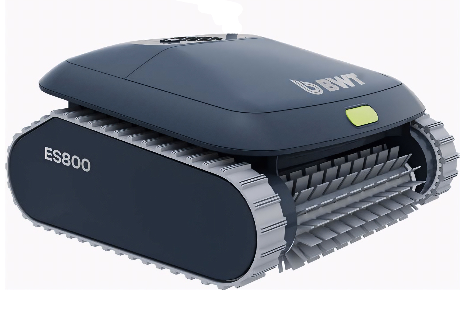 BWT ES800 Premium-Poolroboter in Dunkelgrau mit hellgrauen Raupenbändern und Bürsten, perspektivische Ansicht