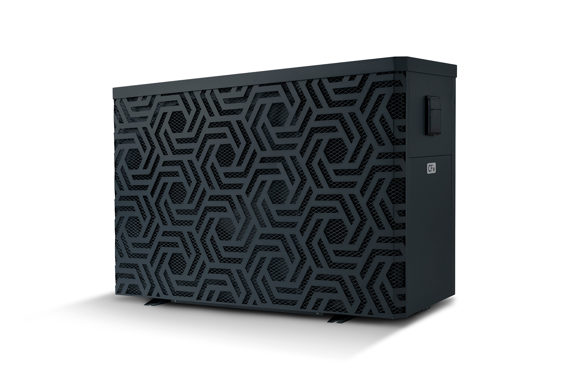 Dunkelgraue Pool Wärmepumpe Inverter R290 CF Comfort mit geometrischem Lüftungsgitter
