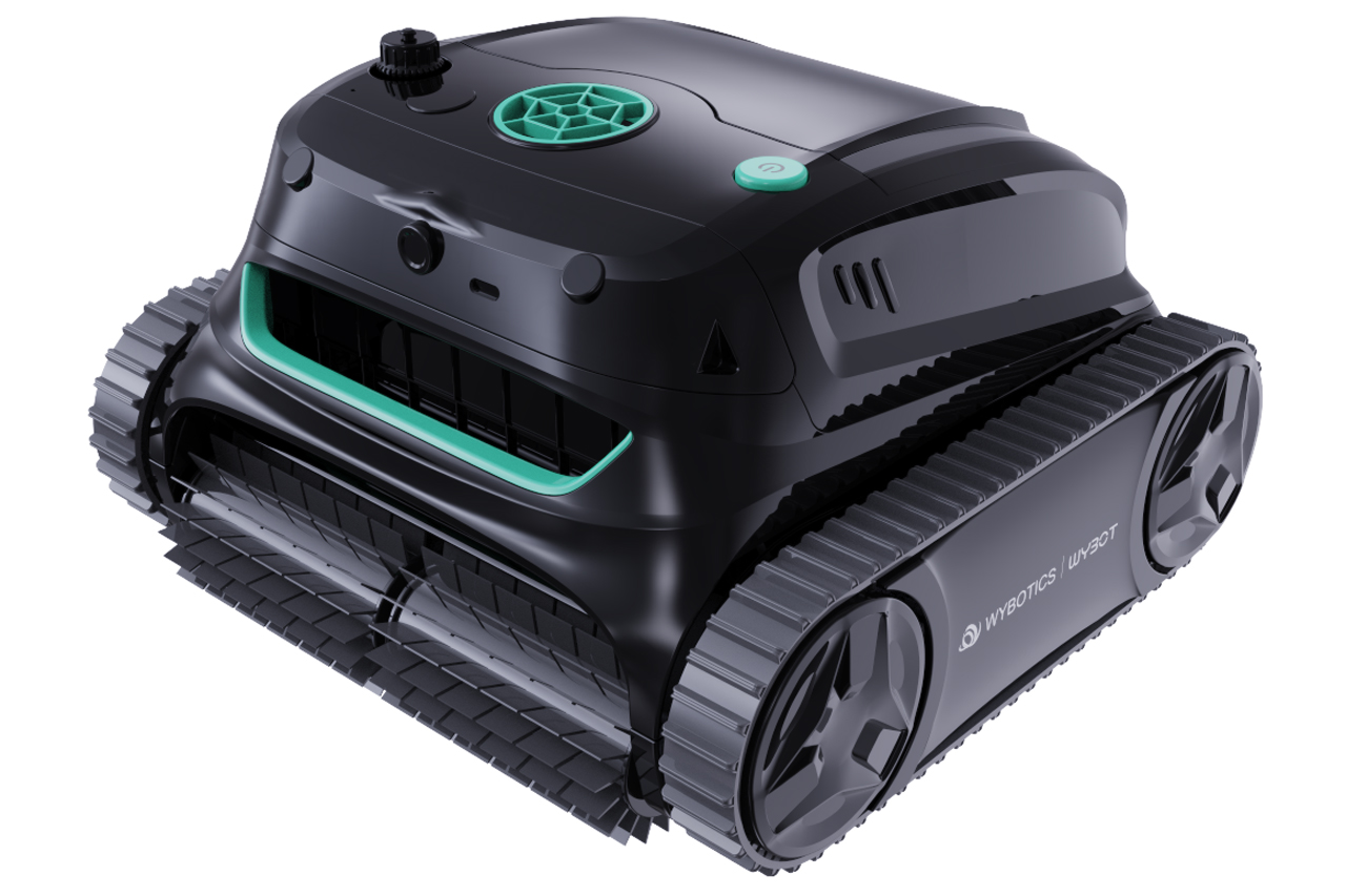 Detailansicht des WYBOT S2 Solar Vision Poolroboters mit Raupenketten und grünen Akzenten