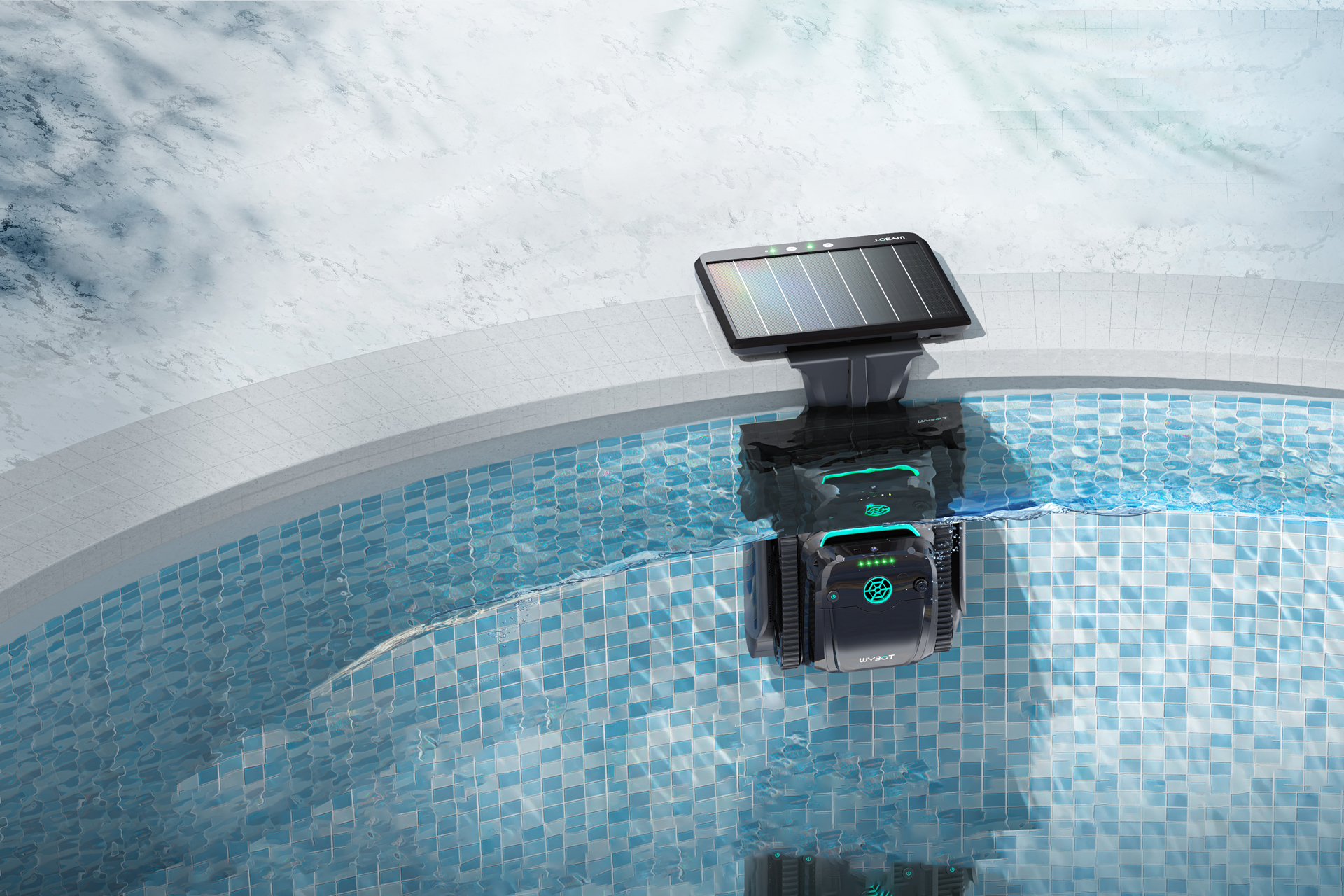 WYBOT S2 Solar Vision Poolroboter mit Solar-Ladestation im Pool, von oben gesehen