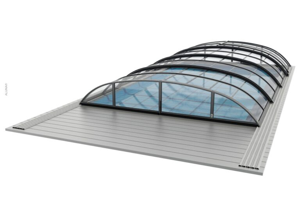 Detailansicht der flachen Poolüberdachung Aluna Atlanta mit Schienen und transparenten Segmenten