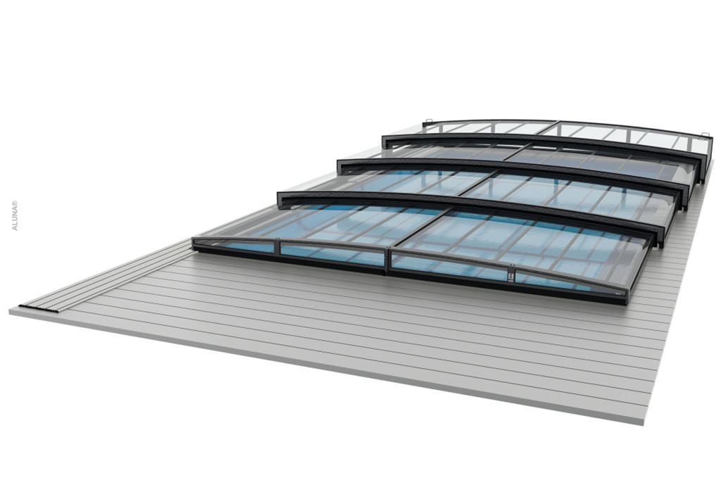 Detailansicht der Aluna® Exclusive Line R1 Poolüberdachung mit Schienenführung und transparenten Segmenten.